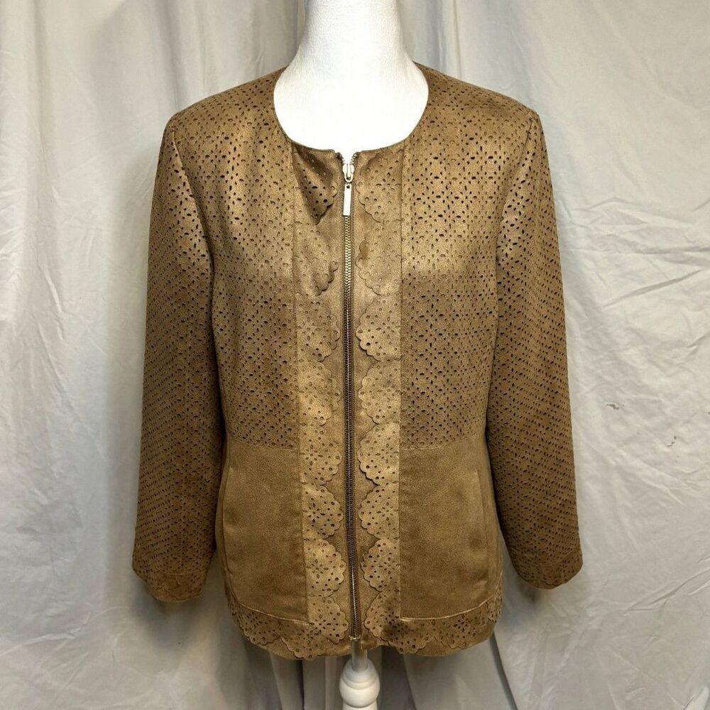 Chicos Faux Suede Light Brown Camel Eyelet Womens Zip Jacket Designer Collarless